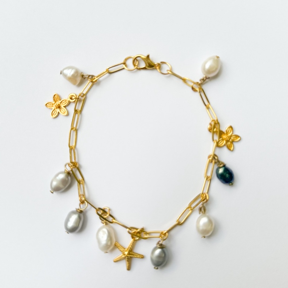 18K Yellow Gold PVD Plated Paperclip Chain Freshwater Pearl Charm Bracelet 8"